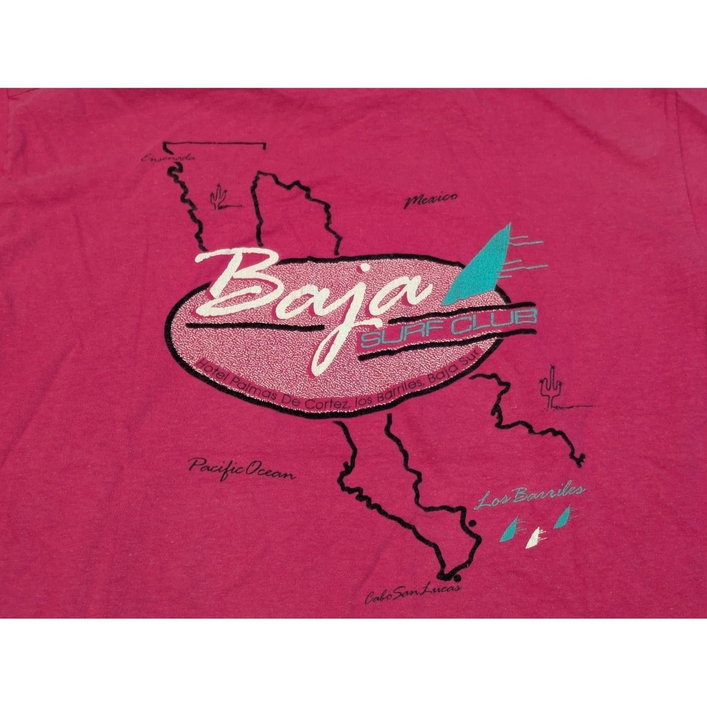 Vintage Baja Surf Club Shirt Mens Large Pink Mexico Map Hanes Beefy-T 80s 90s